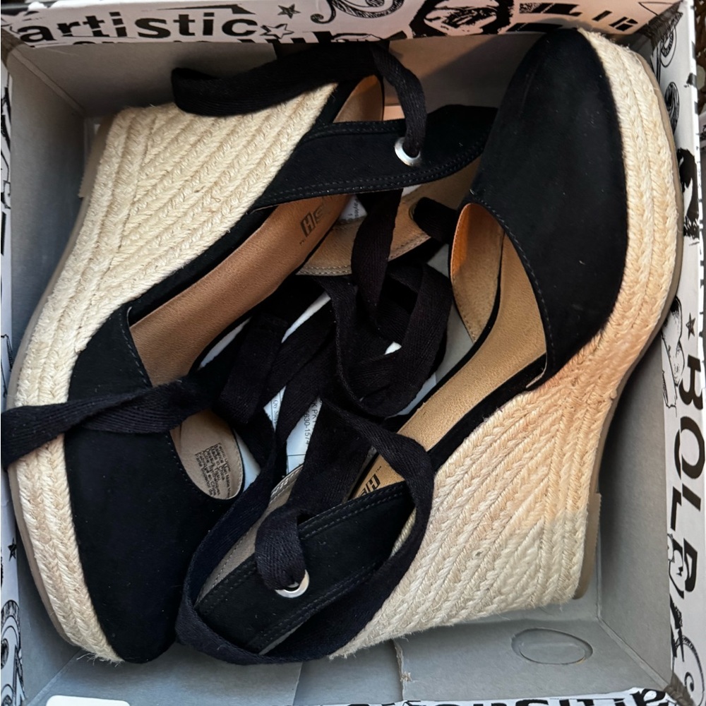 Brash Black Espadrille Wedge Sandals